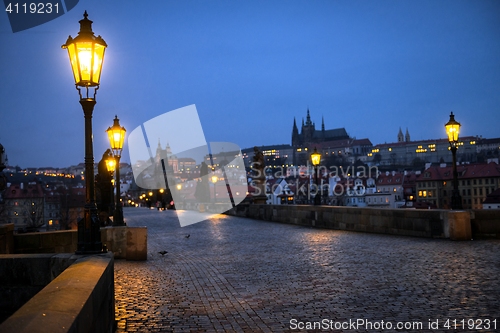 Image of Charles Bridge in Prague at dawn Czech Republic