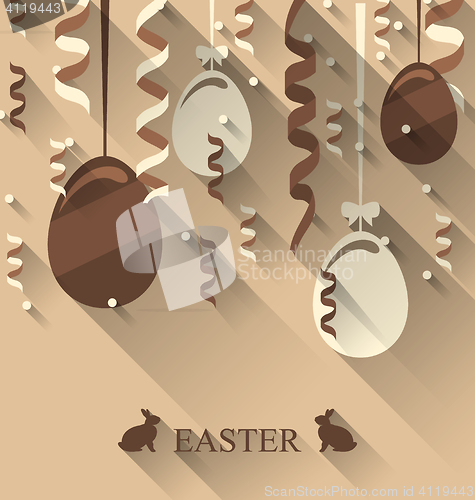 Image of Easter background with chocolate eggs and serpentine, trendy fla