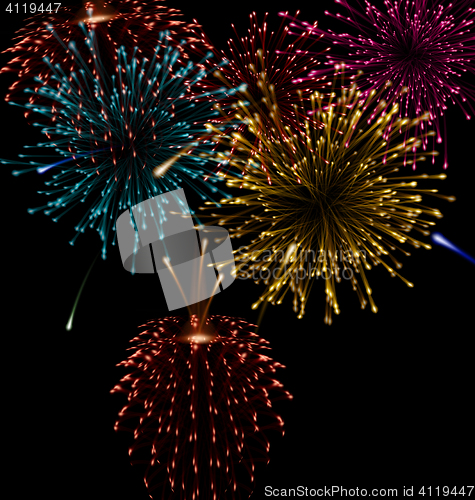 Image of Festive abstract firework bursting in various shapes