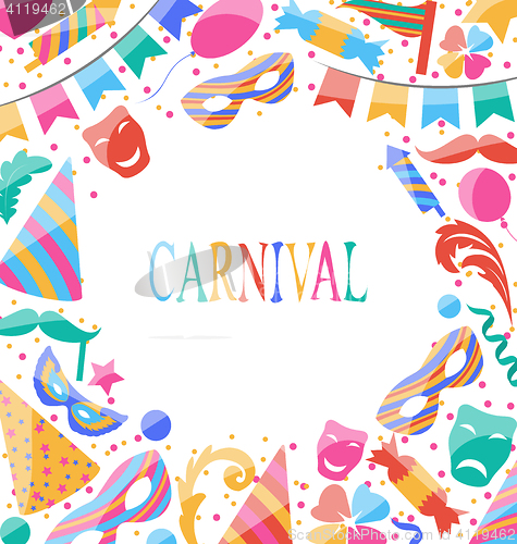 Image of Celebration Carnival card with party colorful icons and objects