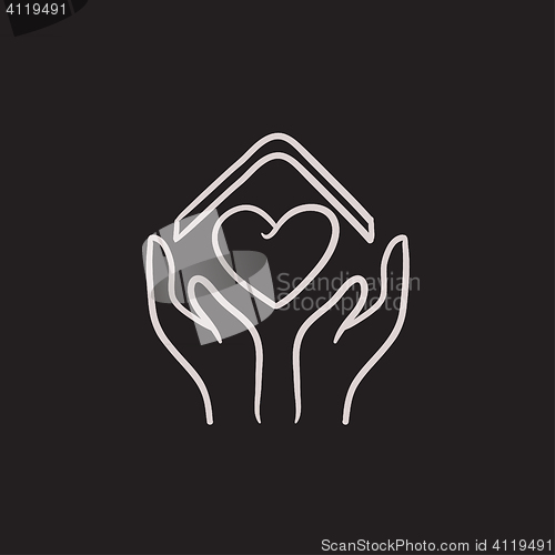 Image of Hands holding roof of house and heart sketch icon.
