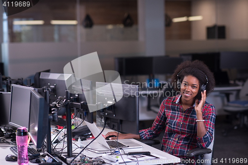 Image of young black woman at her workplace in modern office  African-Ame
