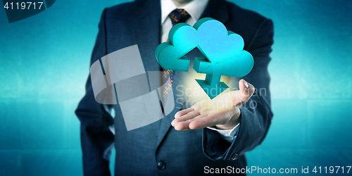 Image of Businessman Holding A Solid Cloud Transfer Icon