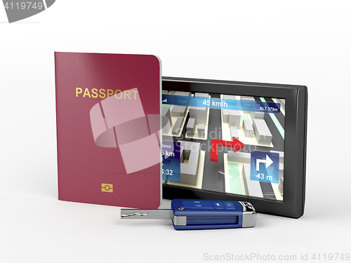 Image of Passport, car key and navigation device