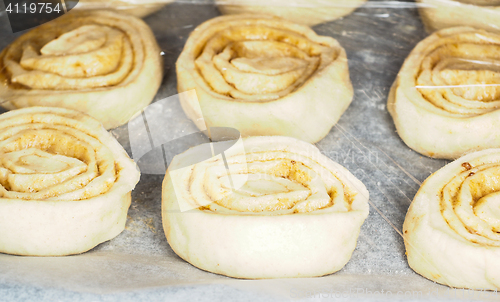 Image of Closeup of raw cinnamon buns on baking paper under plastic, for 