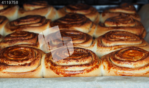 Image of Closeup of fresh baked cinnamon buns after baking in oven, with 