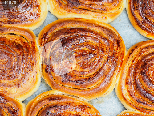 Image of Closeup of fresh baked cinnamon buns after baking in oven, with 