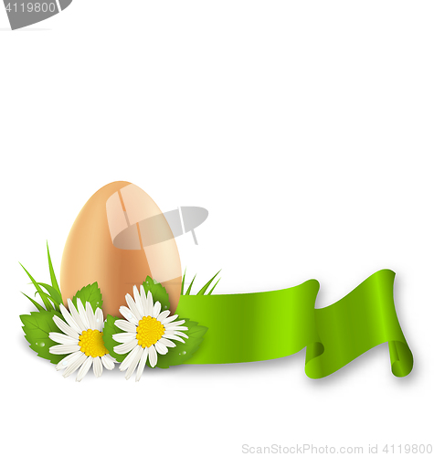 Image of Traditional Easter egg with flowers daisy, grass and ribbon, cop