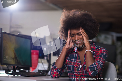 Image of a young African American woman feels tired in the modern office
