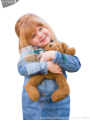 Image of Cute Little Girl Holding Her Teddy Bear On White