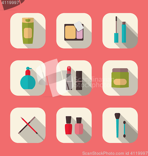 Image of Set beauty and makeup icons with long shadow, modern flat design