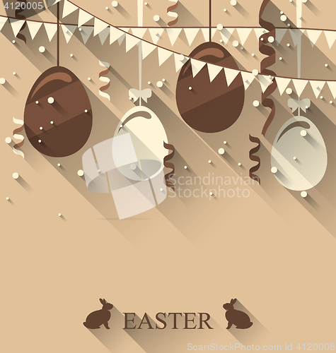 Image of Easter background with chocolate eggs, serpentine and bunting fl