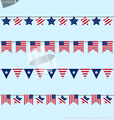 Image of Hanging Bunting pennants for Independence Day USA, Patriotic Sym