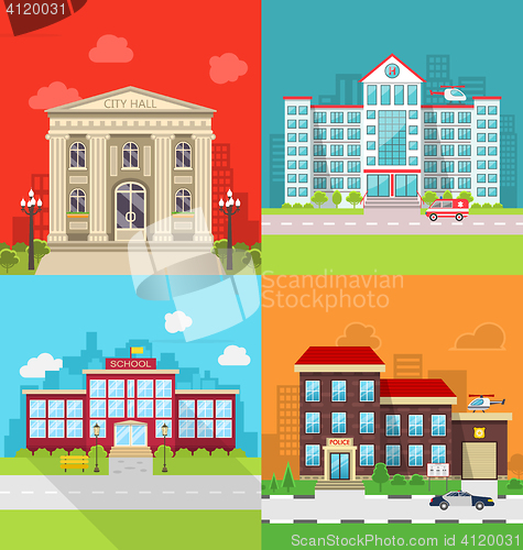 Image of Set Municipal Buildings - City Hall, Hospital, School and Police Station.