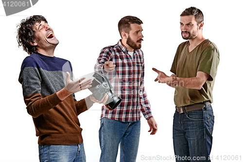 Image of Friends with camera on white
