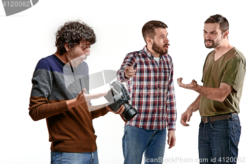 Image of Friends with camera on white