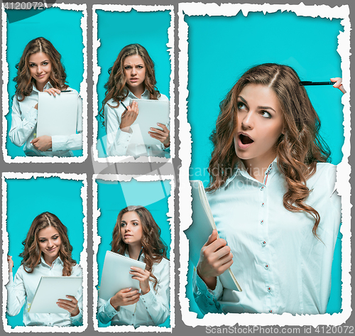 Image of The young woman\'s portrait with different emotions