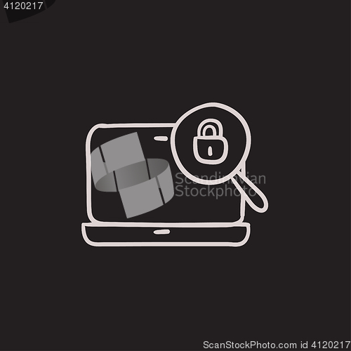 Image of Laptop and magnifying glass sketch icon.