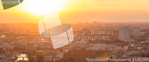 Image of Panoramic aerial view over Berlin in romantic colorful sunset.