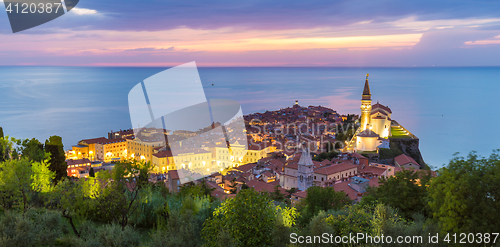 Image of Romantic colorful sunset over picturesque old town Piran, Slovenia.