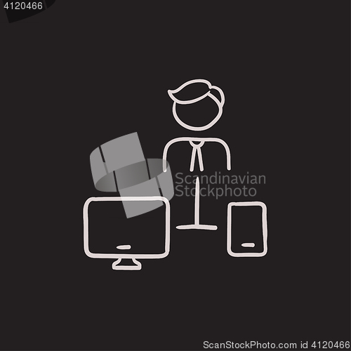 Image of Man linked with computer and phone sketch icon.