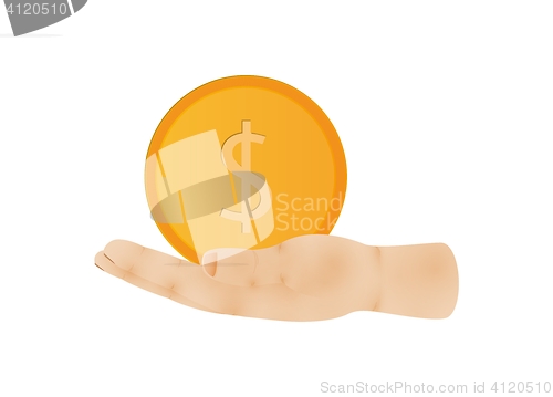 Image of hand viewed from side with gold big coin on palm