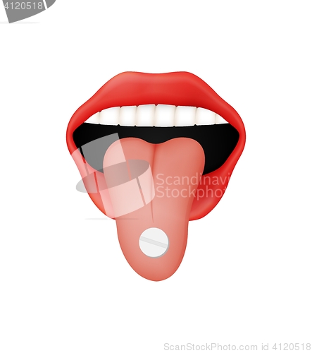 Image of open mouth and protruding tongue with pill