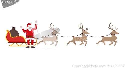 Image of Santa Claus in red dress with sleigh and reindeers