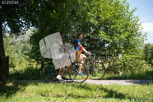 Image of Young  couple having joyful bike ride in nature