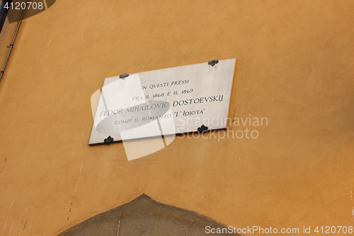 Image of FLORENCE, ITALY - September 23, 2016: The plate on the house where the greatest Russian writer Fyodor Dostoevsky lived.