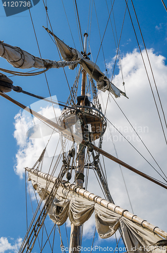 Image of Mast with sails of an old sailing vessel