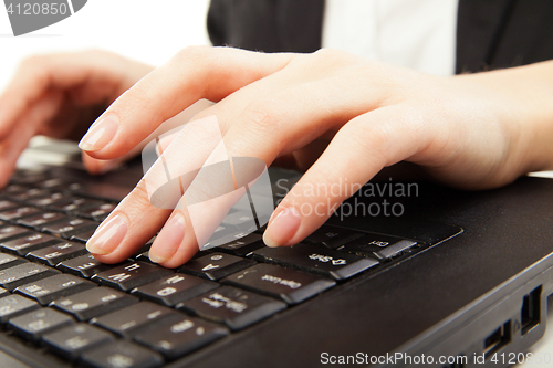 Image of Woman hands typing on laptot, close-up, isolated