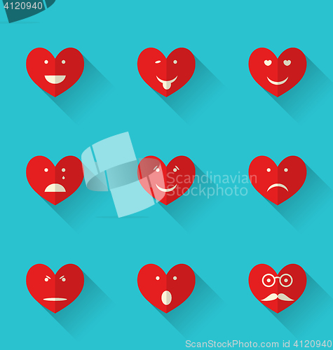 Image of Set flat icons of smiles heart, style with long shadows