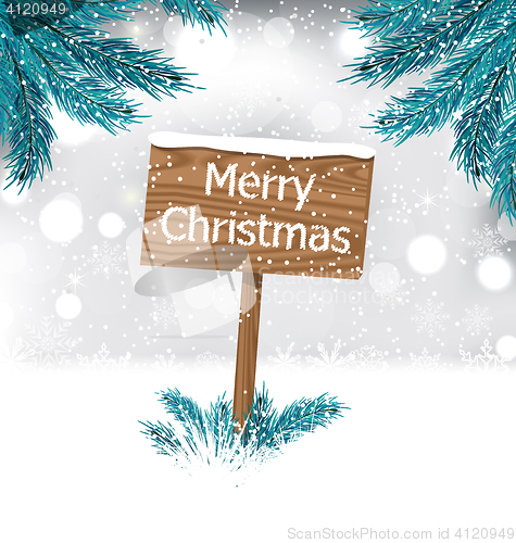 Image of  Christmas Background with Snow Covered Wooden Billboard