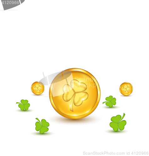 Image of Clovers and coins with shadows on white background for St. Patri