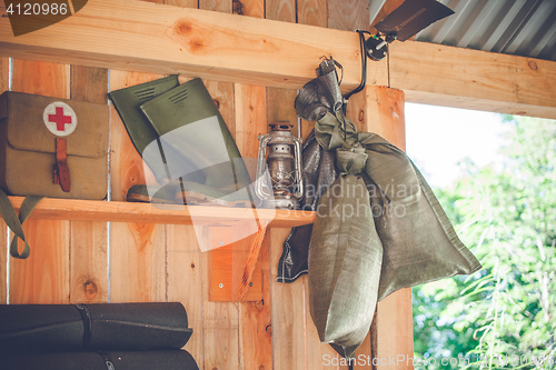 Image of Retro survival kit in a wooden cabin