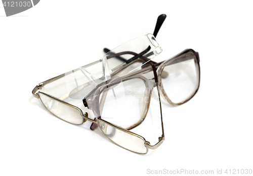 Image of Several nerd glasses on a white background.