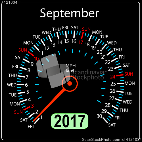 Image of year 2017 calendar speedometer car. September