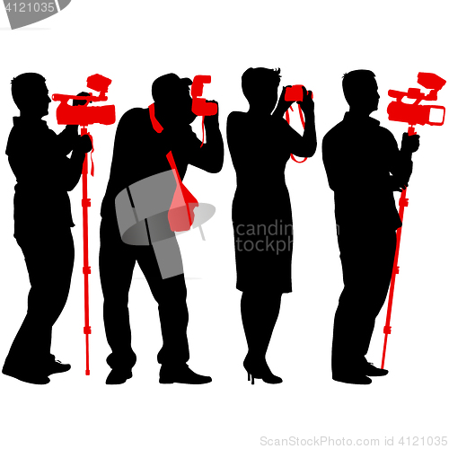 Image of Cameraman with video camera. Silhouettes on white background. 