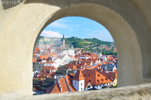 Image of Cesky Krumlov view through a stone arch
