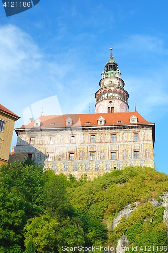 Image of Cesky Krumlov Castle tower on a cliff