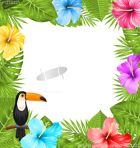 Image of Exotic Jungle Frame with Toucan Bird, Colorful Hibiscus Flowers Blossom