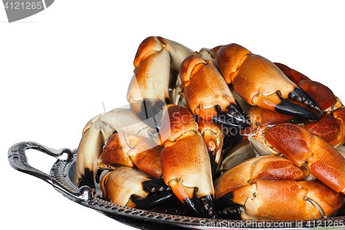 Image of Pile of fresh boiled crab claws on a silver tray, isolated on wh