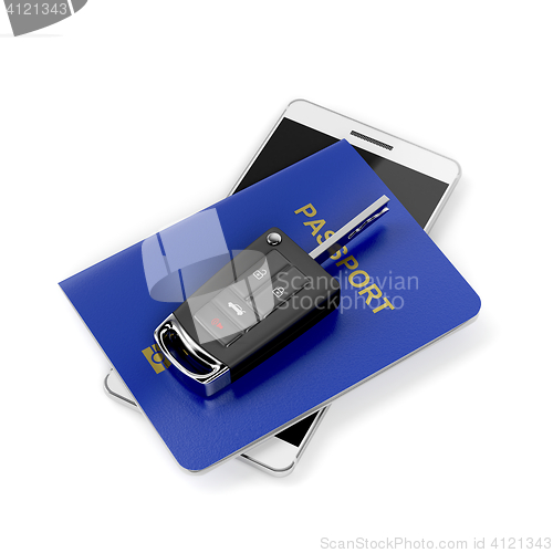 Image of Car key, passport and smartphone