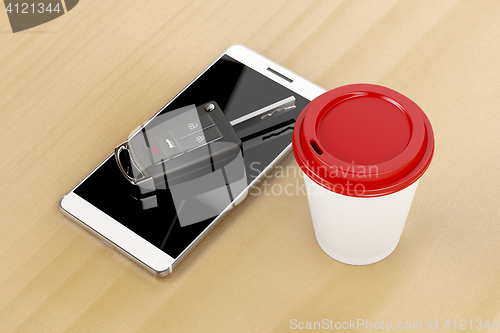 Image of Smartphone, car key and coffee 