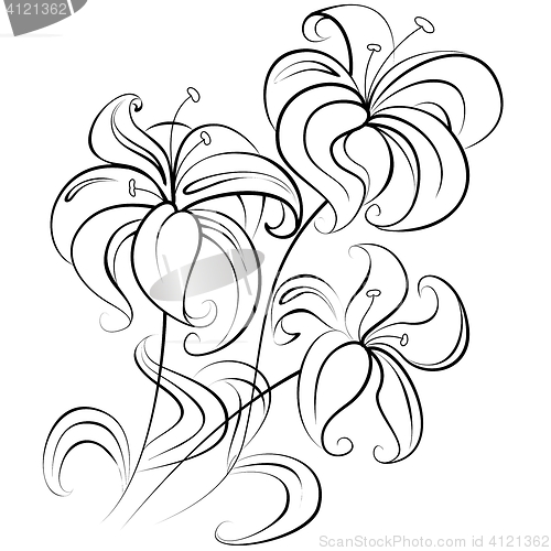 Image of Illustration - stylized bouquet of flowers similar to a lily in a colorless version