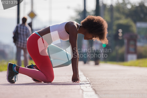 Image of Portrait of sporty young african american woman stretching outdo