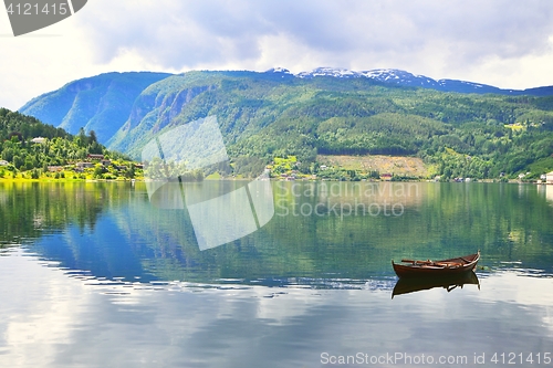 Image of Rowboat in fjord. Ulvik, Norway.