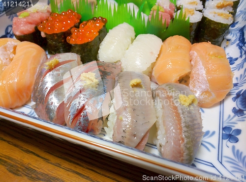 Image of Sushi assortment closeup on a plate