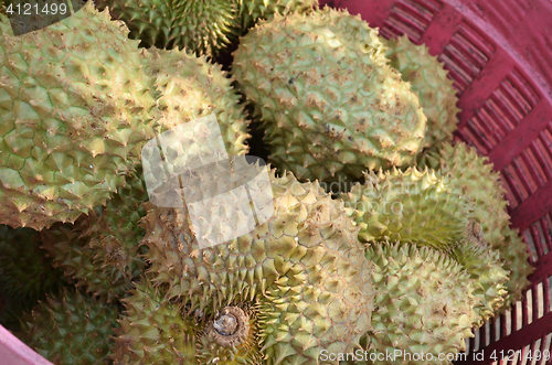 Image of Group of durian in the market.